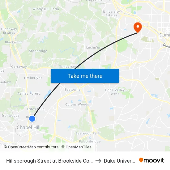 Hillsborough Street at Brookside Condos to Duke University map