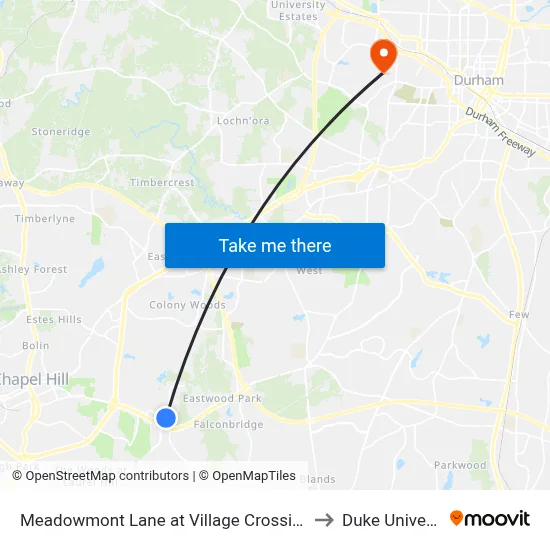 Meadowmont Lane at Village Crossing Drive to Duke University map