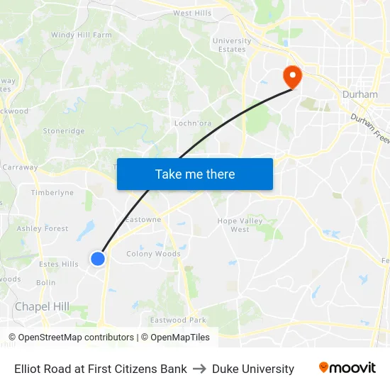 Elliot Road at First Citizens Bank to Duke University map