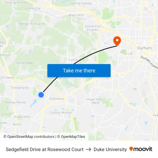 Sedgefield Drive at Rosewood Court to Duke University map