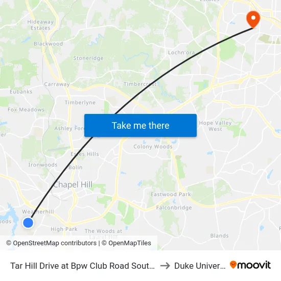 Tar Hill Drive at Bpw Club Road Southbound to Duke University map