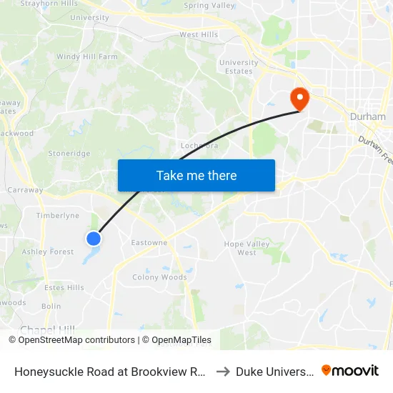 Honeysuckle Road at Brookview Road to Duke University map