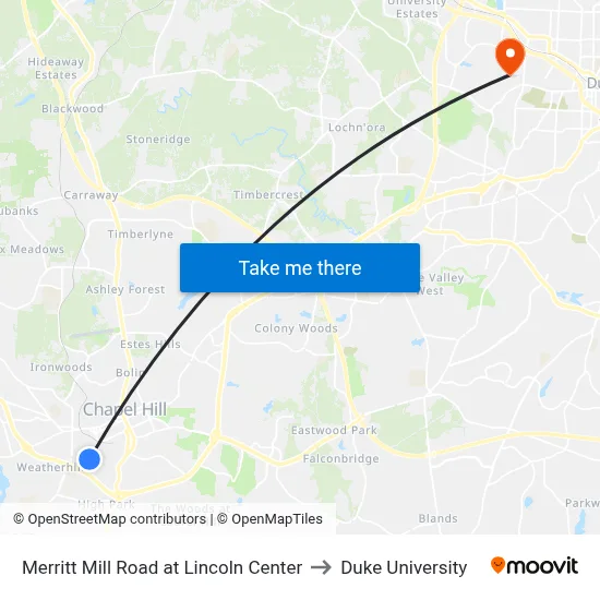 Merritt Mill Road at Lincoln Center to Duke University map
