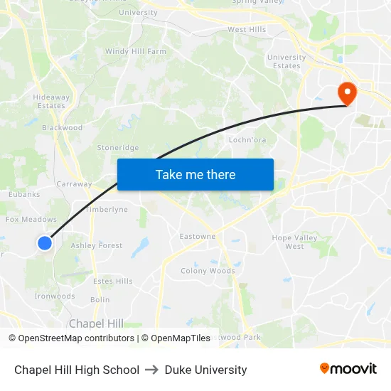 Chapel Hill High School to Duke University map