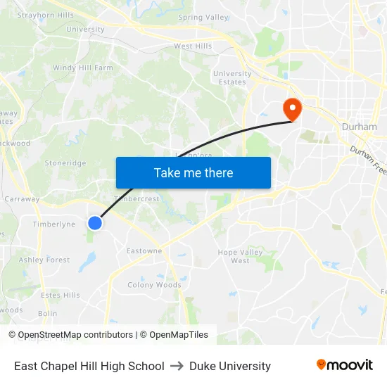 East Chapel Hill High School to Duke University map