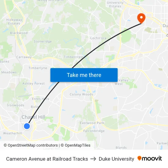 Cameron Avenue at Railroad Tracks to Duke University map