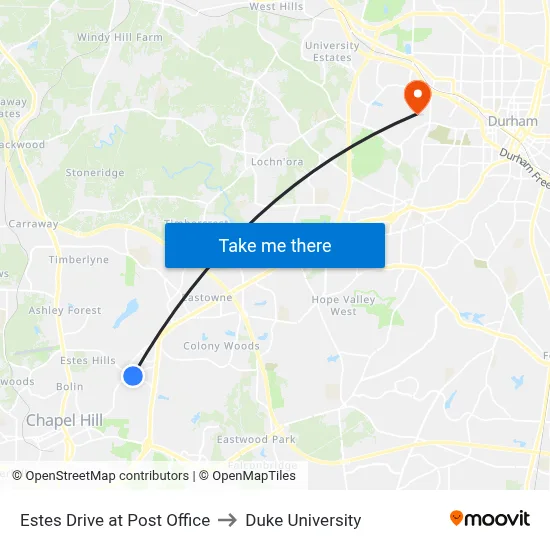Estes Drive at Post Office to Duke University map