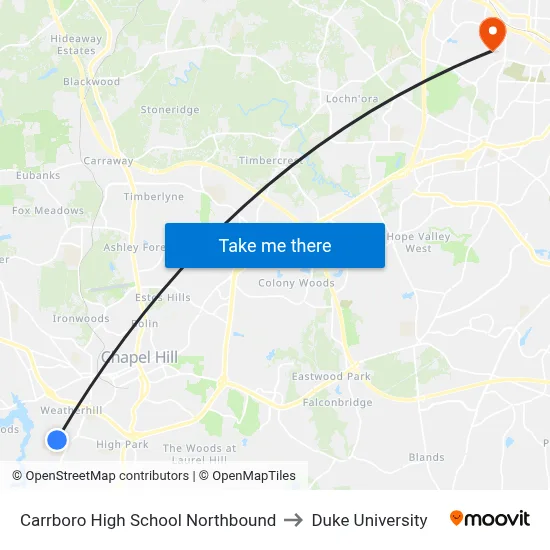 Carrboro High School Northbound to Duke University map
