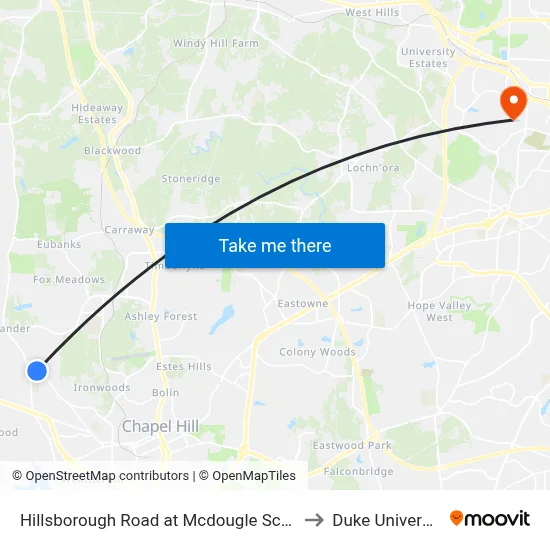 Hillsborough Road at Mcdougle School to Duke University map