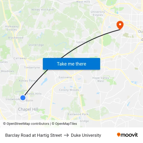 Barclay Road at Hartig Street to Duke University map