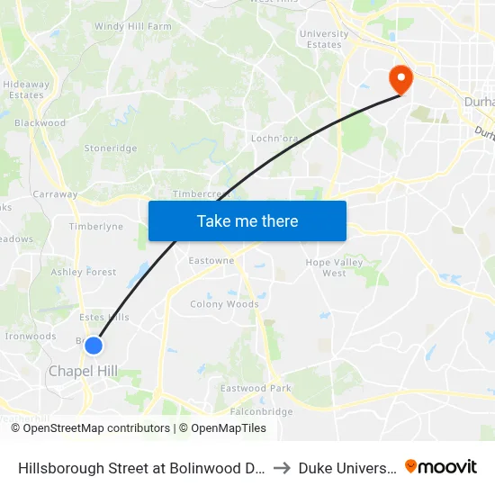 Hillsborough Street at Bolinwood Drive to Duke University map