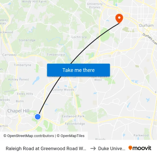 Raleigh Road at Greenwood Road Westbound to Duke University map