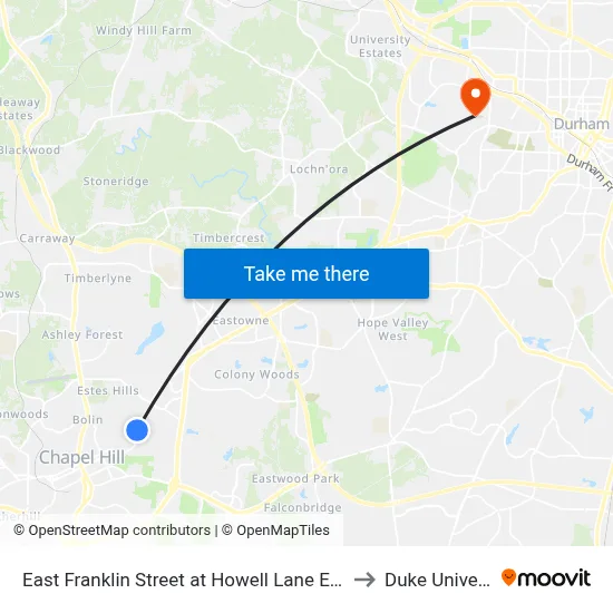 East Franklin Street at Howell Lane Eastbound to Duke University map