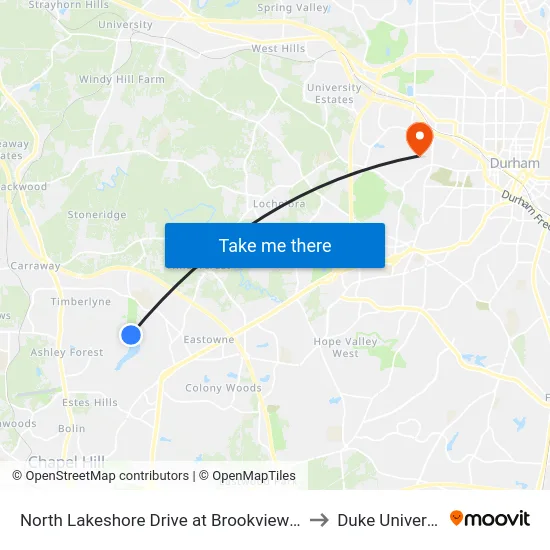 North Lakeshore Drive at Brookview Road to Duke University map