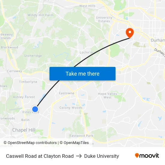 Caswell Road at Clayton Road to Duke University map