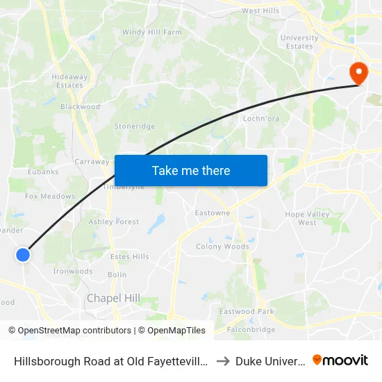 Hillsborough Road at Old Fayetteville Road to Duke University map
