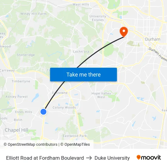 Elliott Road at Fordham Boulevard to Duke University map