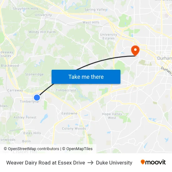 Weaver Dairy Road at Essex Drive to Duke University map