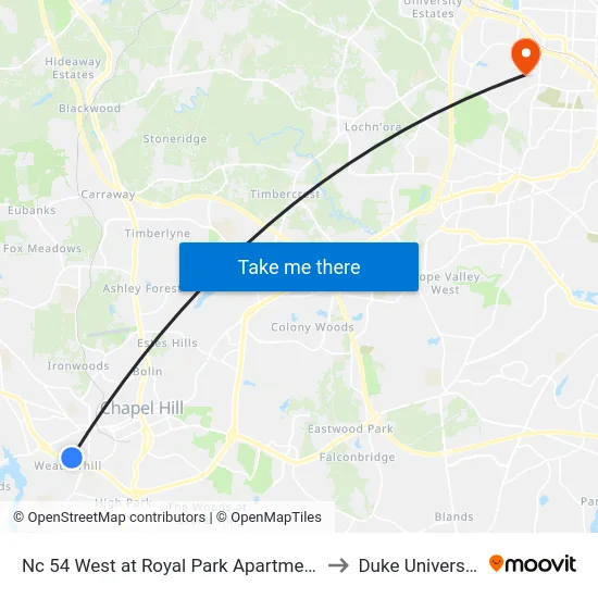 Nc 54 West at Royal Park Apartments to Duke University map