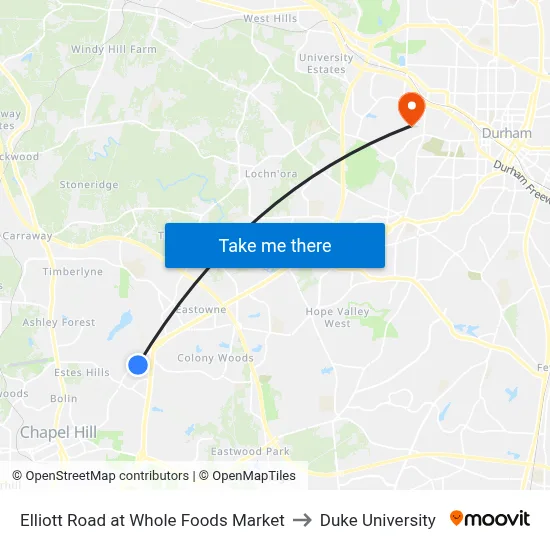 Elliott Road at Whole Foods Market to Duke University map