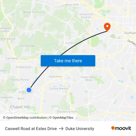 Caswell Road at Estes Drive to Duke University map