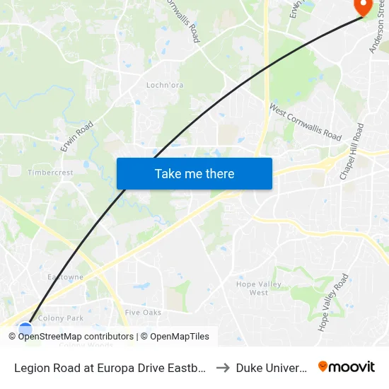 Legion Road at Europa Drive Eastbound to Duke University map