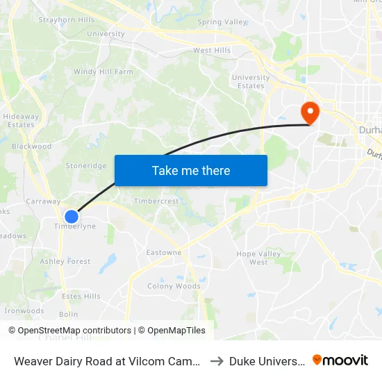 Weaver Dairy Road at Vilcom Campus to Duke University map