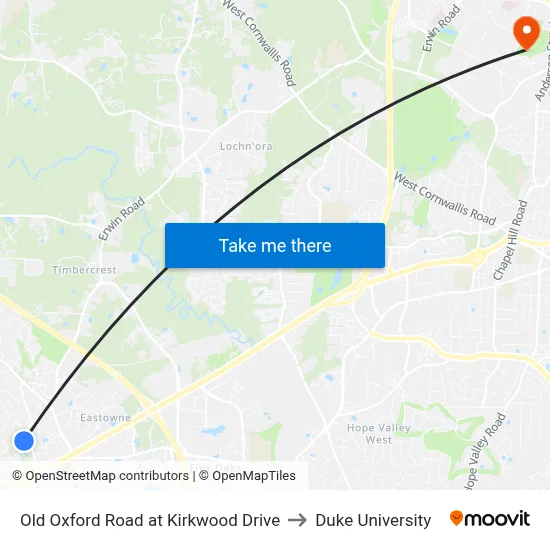 Old Oxford Road at Kirkwood Drive to Duke University map