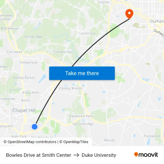 Bowles Drive at Smith Center to Duke University map