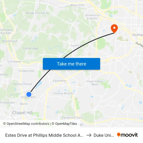 Estes Drive at Phillips Middle School And Park Eastbound to Duke University map
