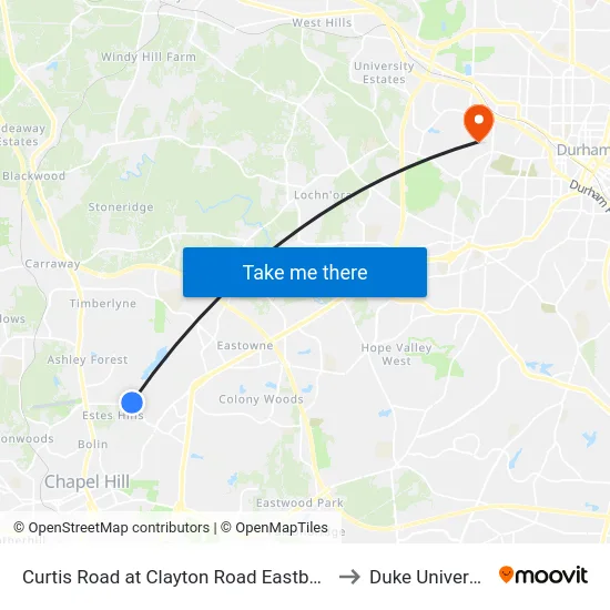 Curtis Road at Clayton Road Eastbound to Duke University map