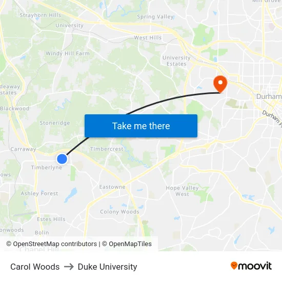 Carol Woods to Duke University map