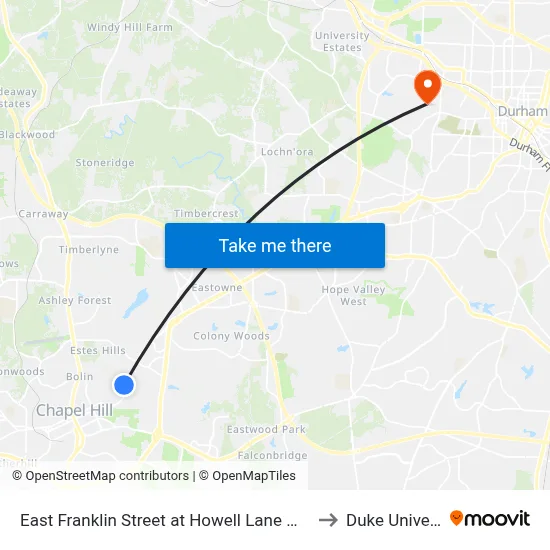 East Franklin Street at Howell Lane Westbound to Duke University map