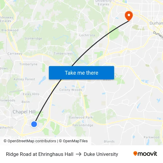 Ridge Road at Ehringhaus Hall to Duke University map