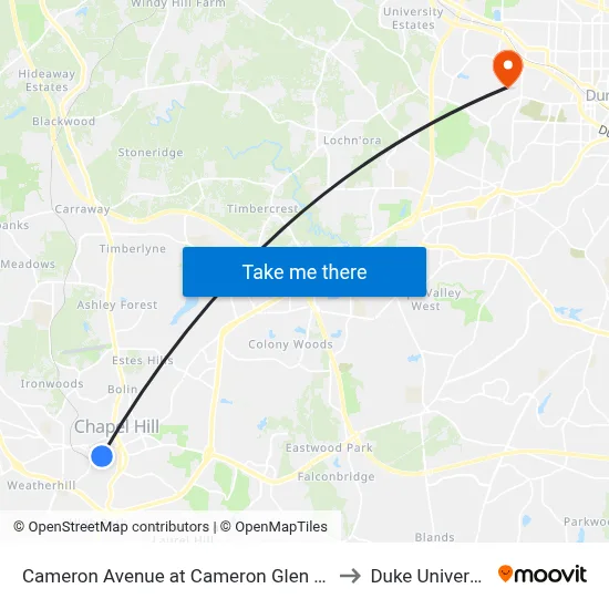 Cameron Avenue at Cameron Glen Drive to Duke University map