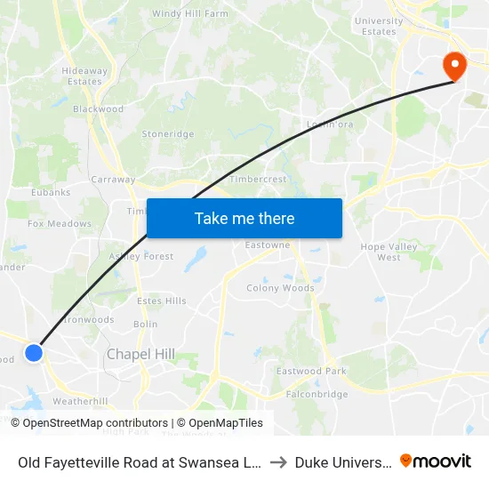 Old Fayetteville Road at Swansea Lane to Duke University map