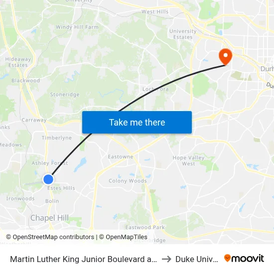 Martin Luther King Junior Boulevard at Shadowood to Duke University map