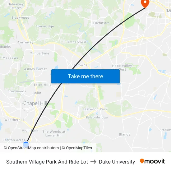 Southern Village Park-And-Ride Lot to Duke University map