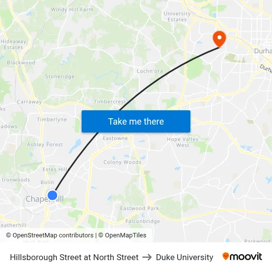 Hillsborough Street at North Street to Duke University map