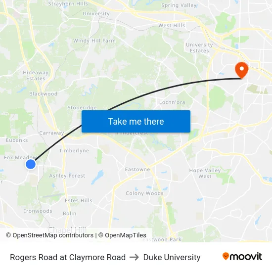 Rogers Road at Claymore Road to Duke University map