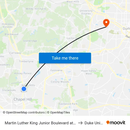 Martin Luther King Junior Boulevard at Bolinwood Drive to Duke University map