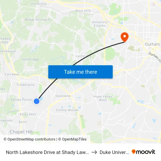 North Lakeshore Drive at Shady Lawn Road to Duke University map