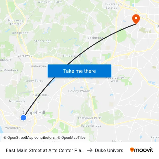 East Main Street at Arts Center Plaza to Duke University map