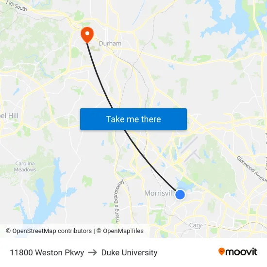 11800 Weston Pkwy to Duke University map