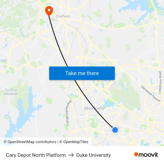 Cary Depot North Platform to Duke University map