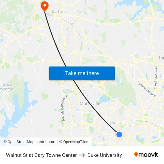 Walnut St at Cary Towne Center to Duke University map