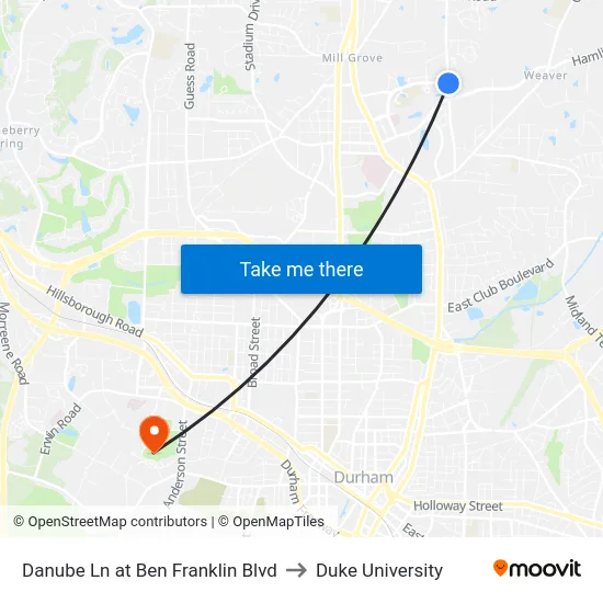 Danube Ln at Ben Franklin Blvd to Duke University map