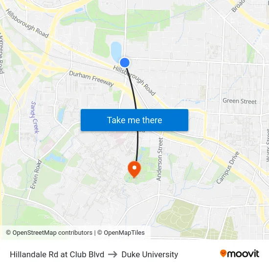 Hillandale Rd at Club Blvd to Duke University map