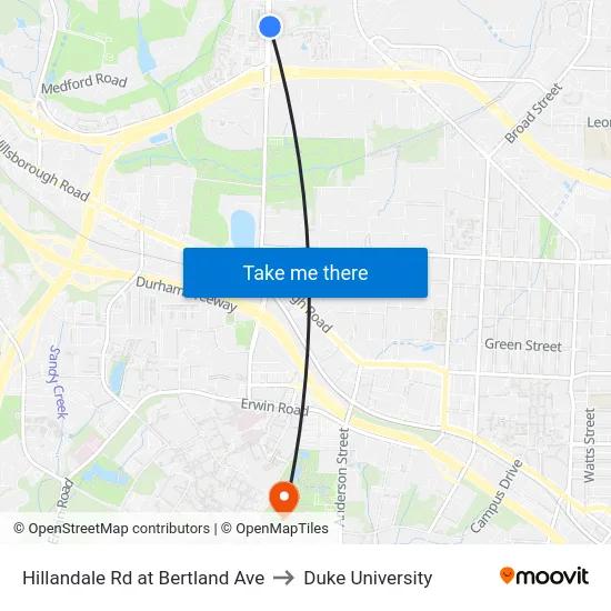 Hillandale Rd at Bertland Ave to Duke University map