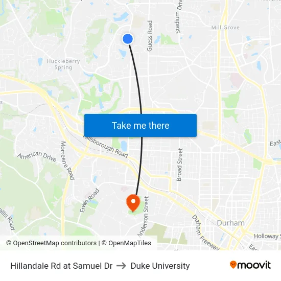 Hillandale Rd at Samuel Dr to Duke University map